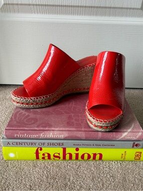 Karl Lagerfeld Wedge Mules, Orange Patent w/ Beige Jute
